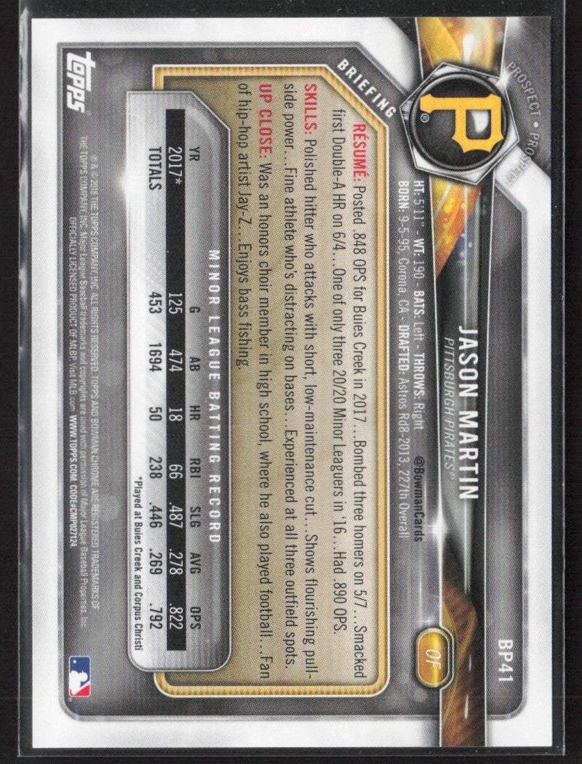 Jason Martin 2018 Bowman Sky Blue /499 #BP41 Pittsburgh Pirates