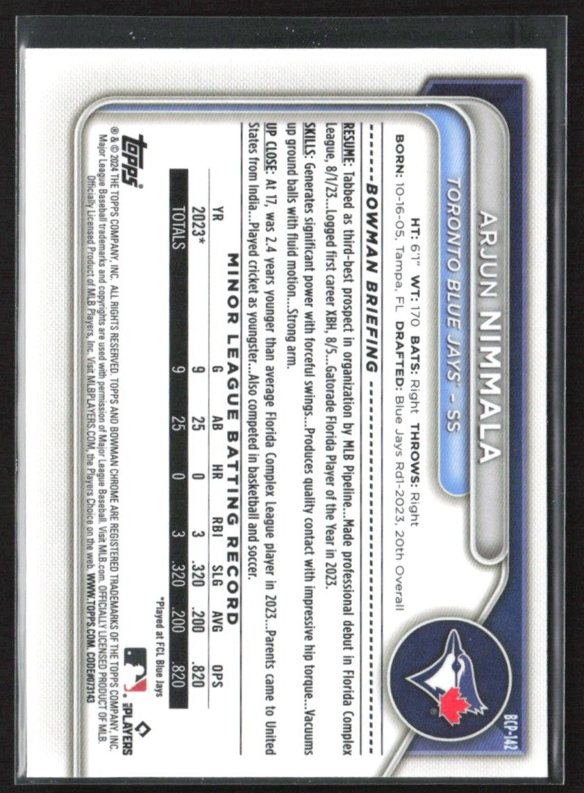 Arjun Nimmala 2024 Bowman Chrome 1st #BCP-142 Toronto Blue Jays