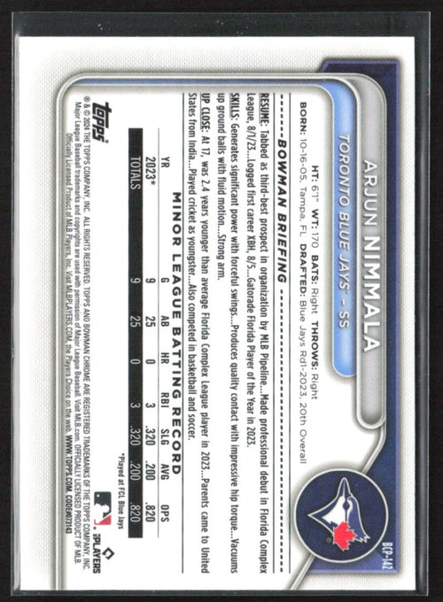 Arjun Nimmala 2024 Bowman Chrome 1st #BCP-142 Toronto Blue Jays