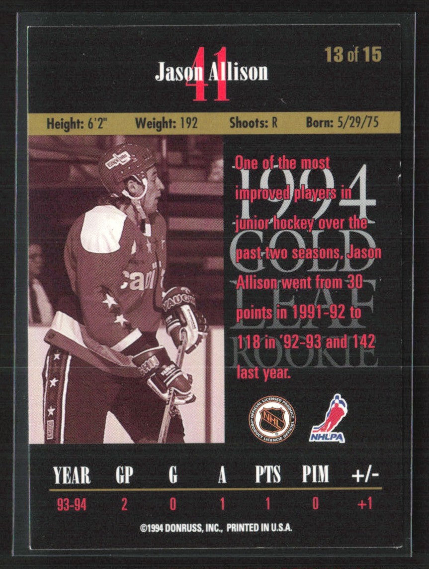 Jason Allison 1994 Leaf Gold RC #13 Washington Capitals