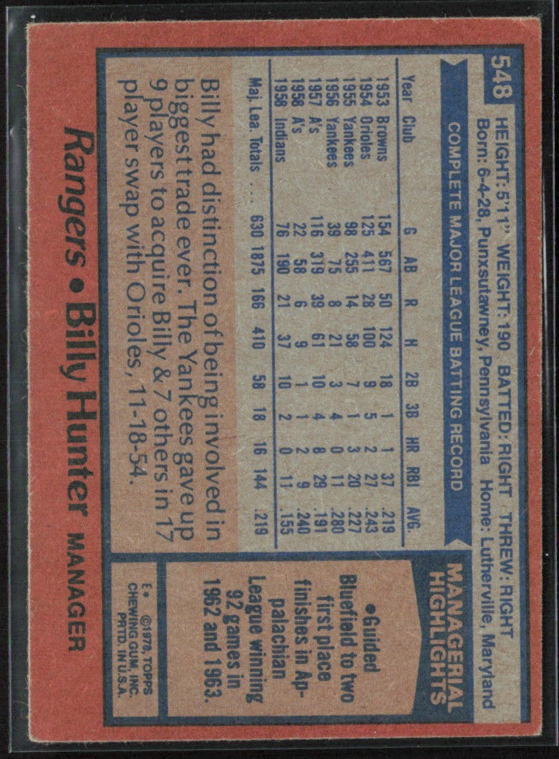 Billy Hunter 1978 Topps #548 Texas Rangers