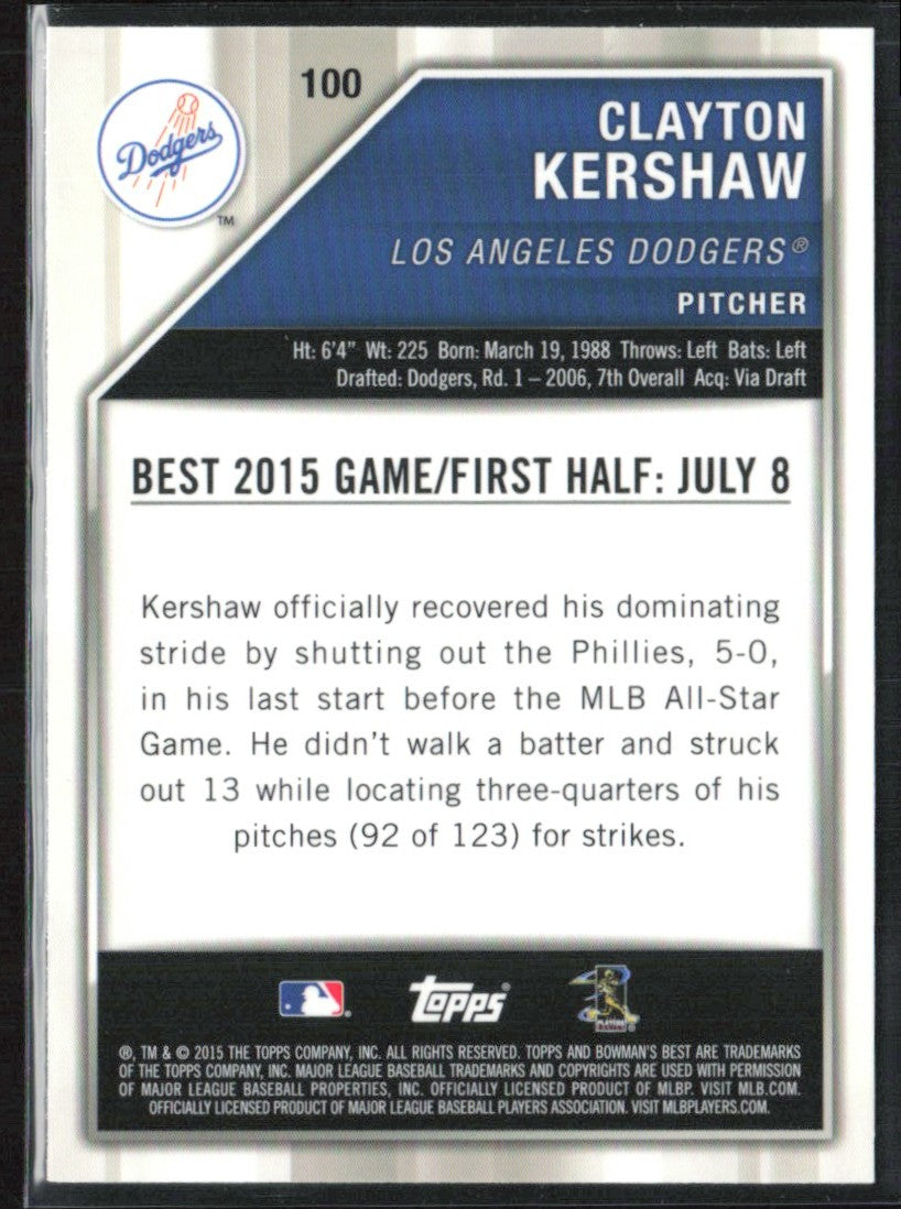 Clayton Kershaw 2015 Bowman's Best Refractor #100 Los Angeles Dodgers