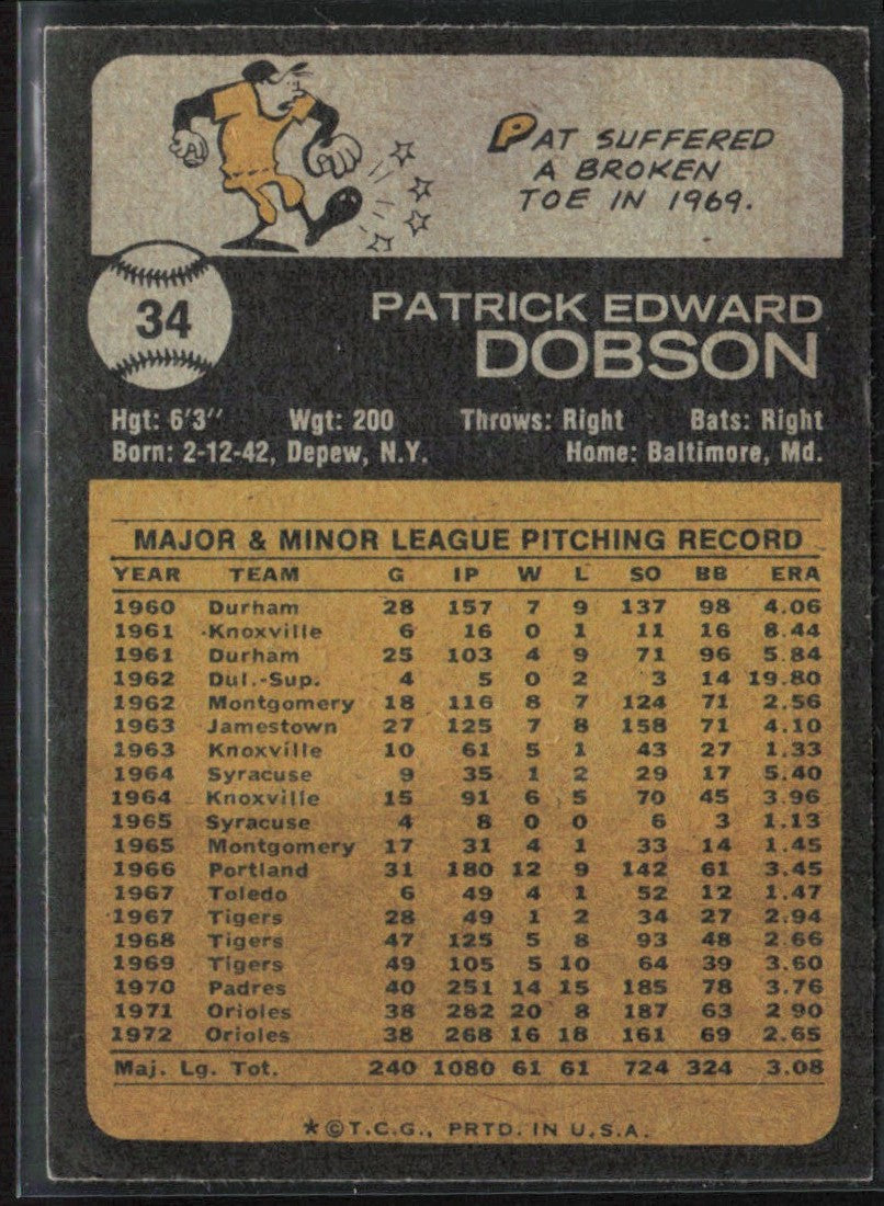 Pat Dobson 1973 Topps #34 Baltimore Orioles