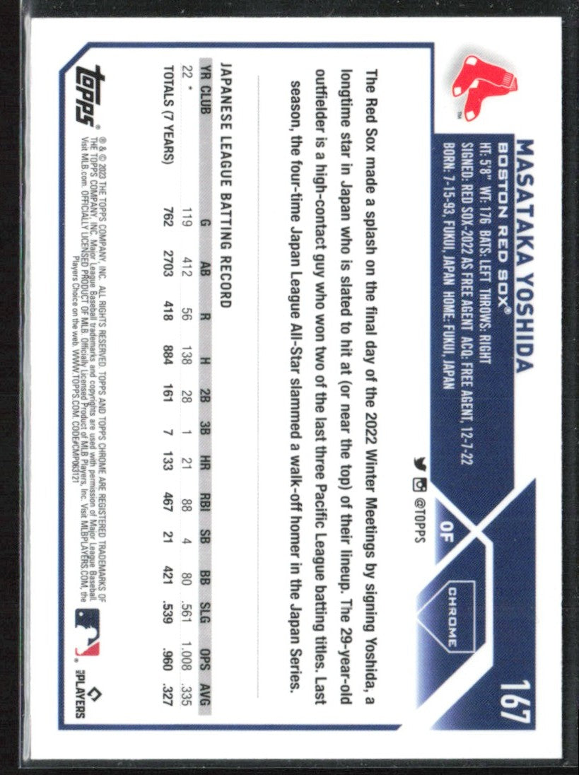 Masataka Yoshida 2023 Topps Chrome X-Fractor RC #167 Boston Red Sox