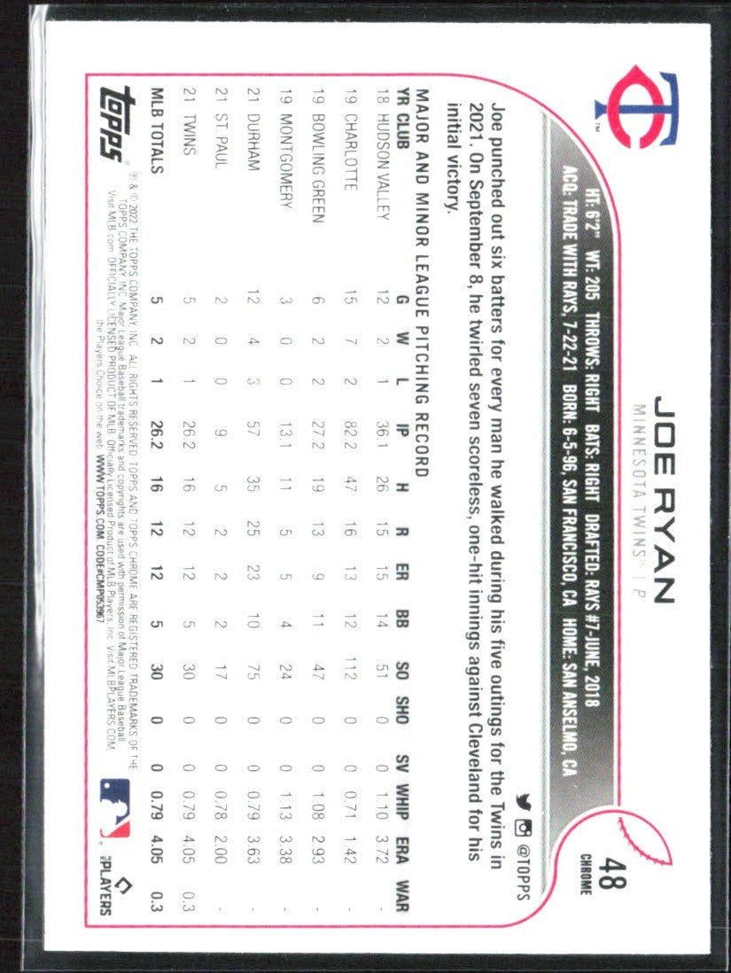 Joe Ryan 2022 Topps Chrome Sepia Refractor RC #48 Minnesota Twins