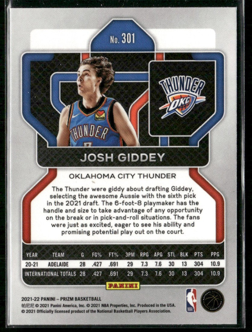 Josh Giddey 2021 Panini Prizm RC #301 Oklahoma City Thunder