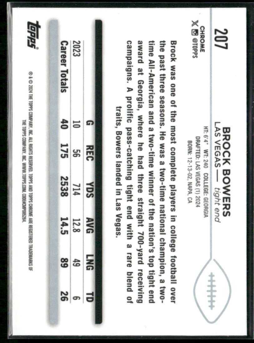 Brock Bowers 2024 Topps Chrome RC #207 Las Vegas Raiders