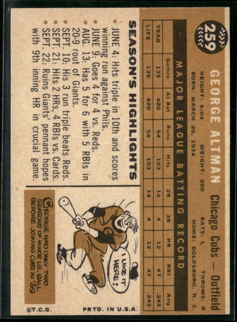 George Altman 1960 Topps #259 Chicago Cubs