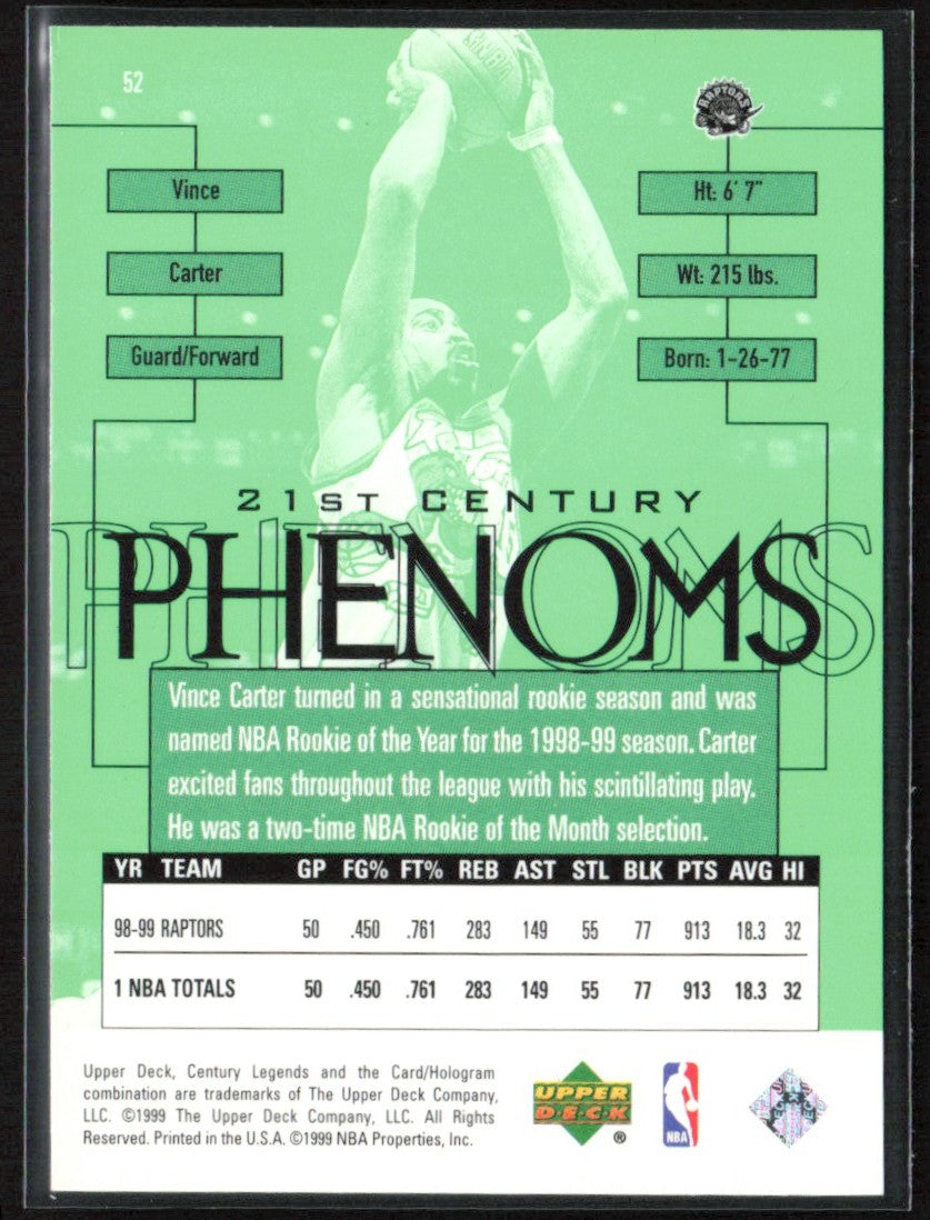 Vince Carter 1999 Upper Deck Century Legends #52 Toronto Raptors