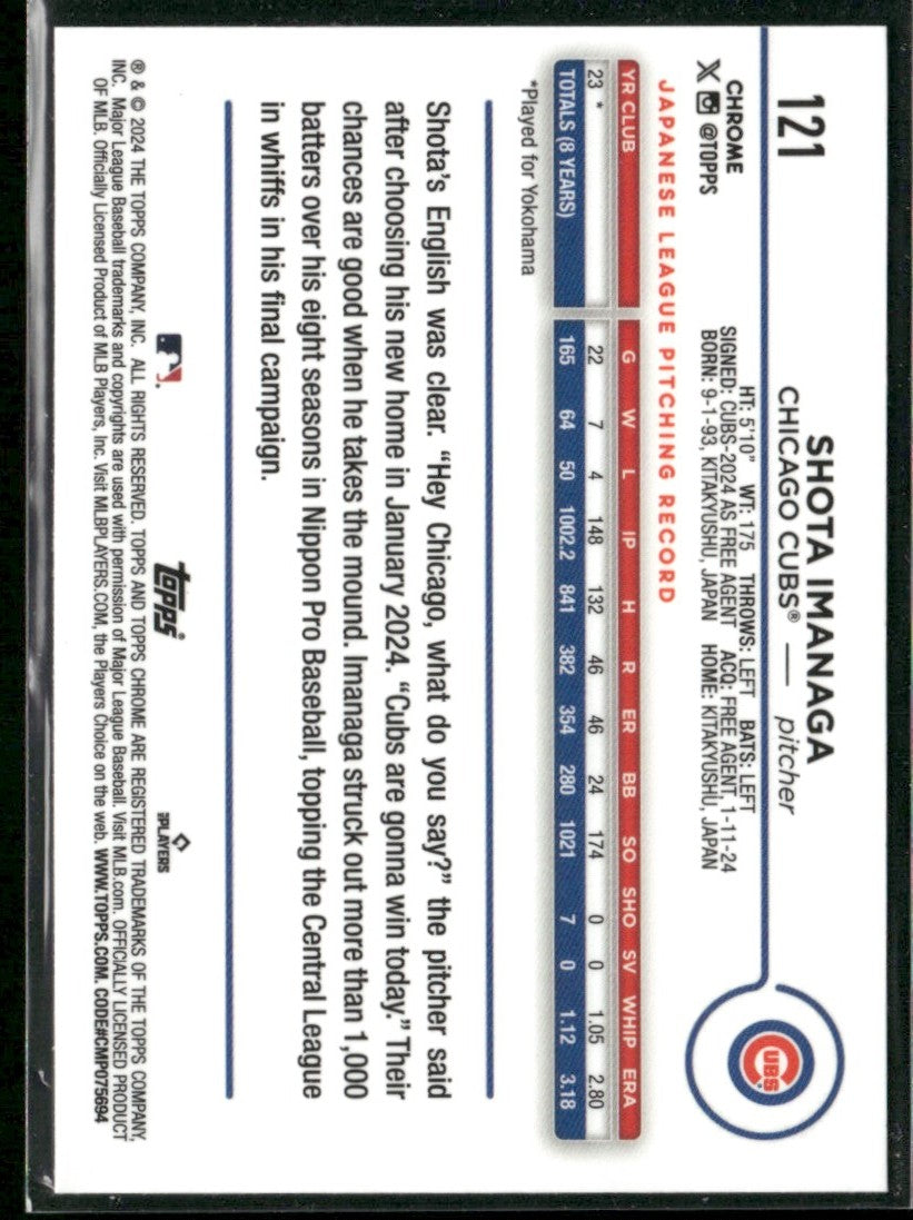 Shota Imanaga 2024 Topps Chrome RC #121 Chicago Cubs