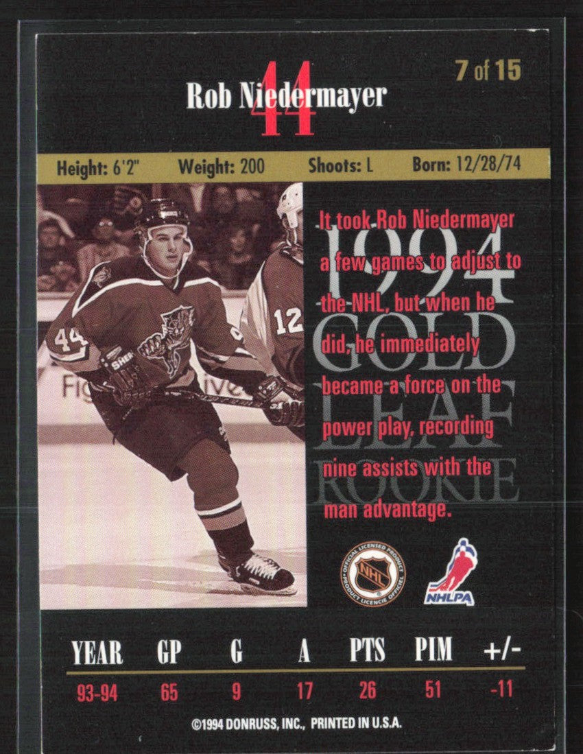 Rob Niedermayer 1994 Leaf Gold RC #7 Florida Panthers