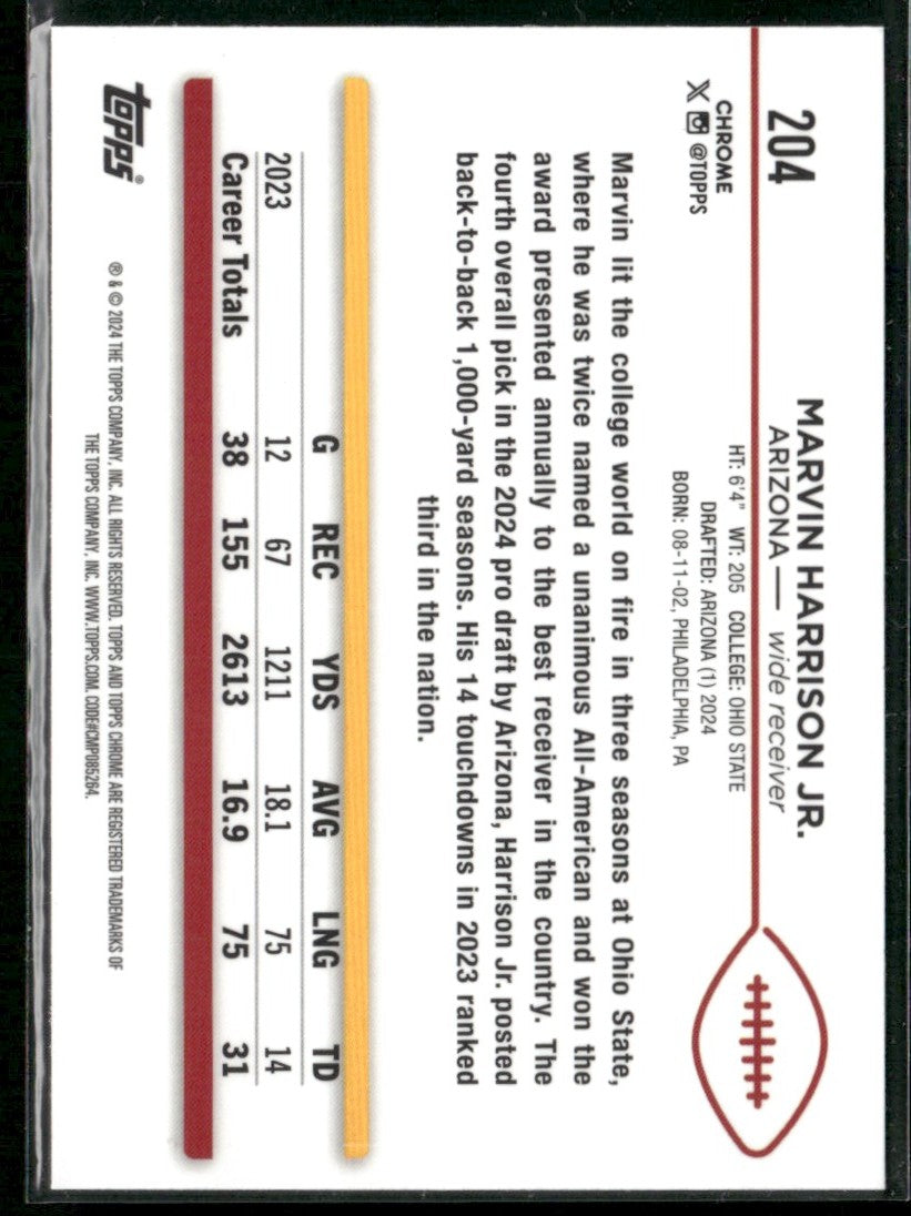 Marvin Harrison Jr. 2024 Topps Chrome RC #204 Arizona Cardinals