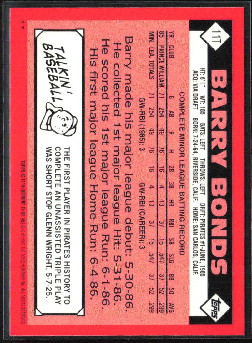 Barry Bonds 2001 Topps Reprint 1986 Traded 11T #15 Pittsburgh Pirates