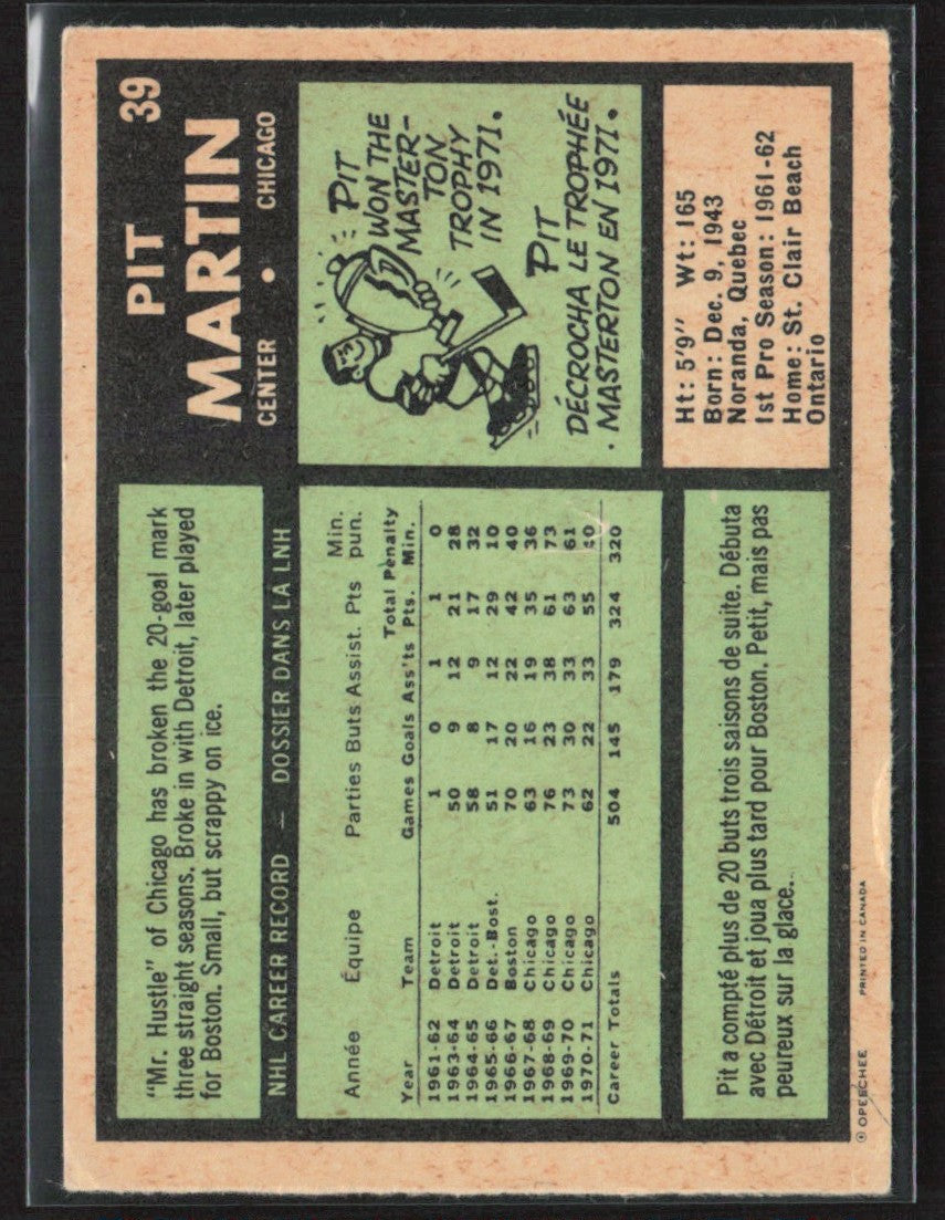 Pit Martin 1971 O-Pee-Chee #39 Chicago Blackhawks