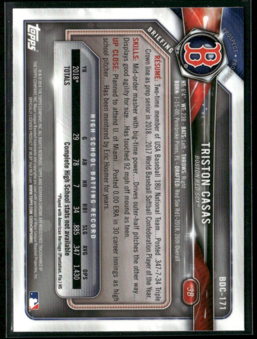 Triston Casas 2018 Bowman Draft Chrome 1st #BDC-171 Boston Red Sox
