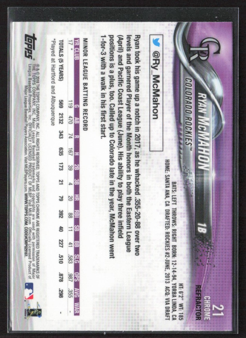 Ryan McMahon 2018 Topps Chrome Refractor RC #21 Colorado Rockies