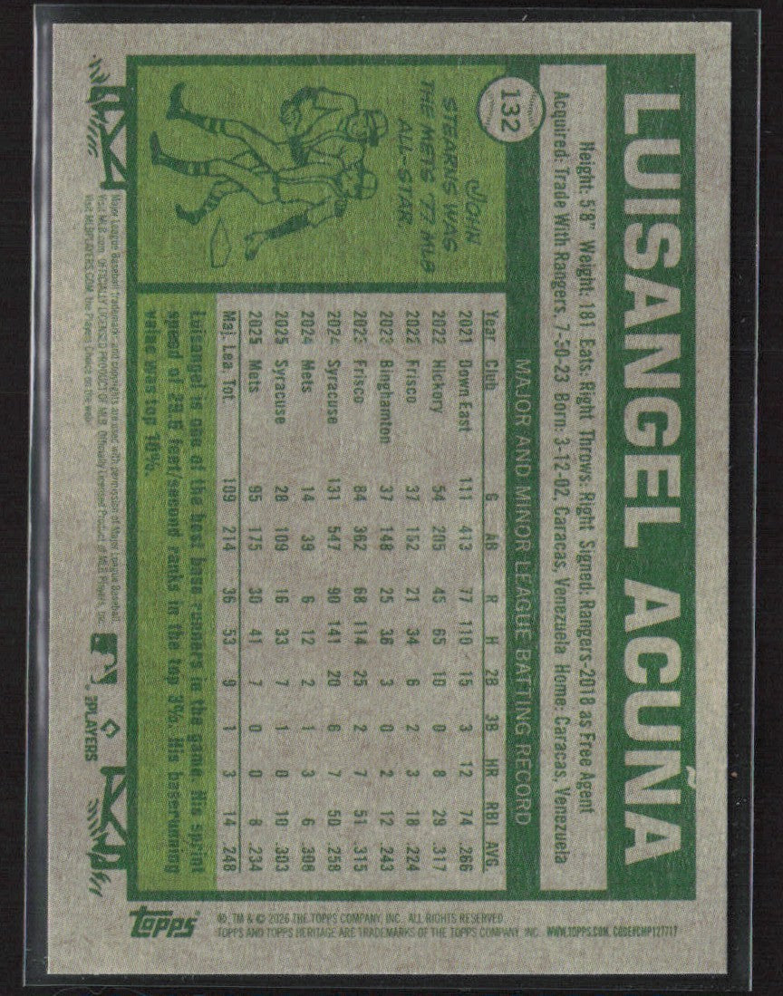 Luisangel Acuna 2026 Topps Heritage Dark Green Border #132 New York Mets