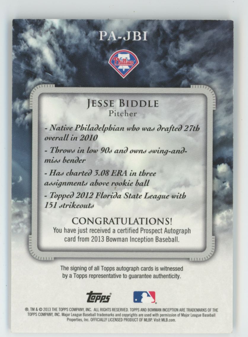 Jesse Biddle 2013 Bowman Inception Prospect Autographs AUTO #PA-JBI