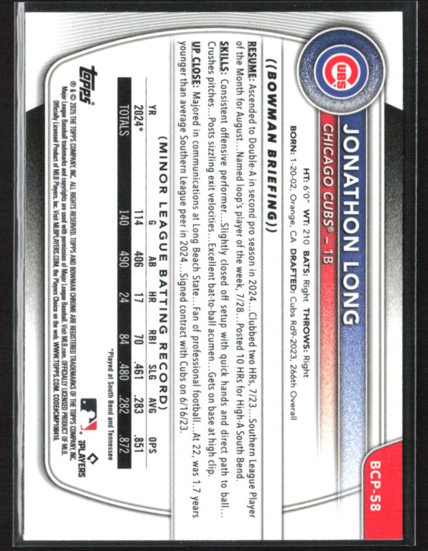 Jonathon Long 2025 Bowman Chrome 1st Reptilian Refractor #BCP-58 Chicago Cubs