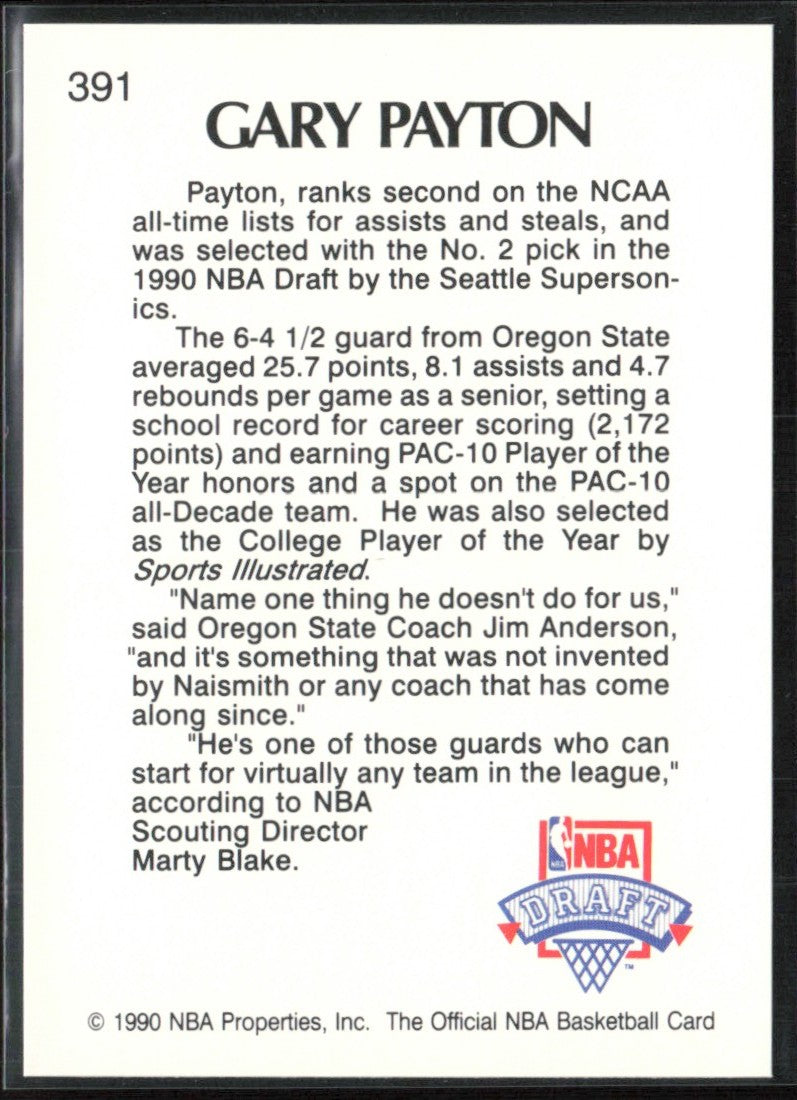 Gary Payton 1990 Hoops RC #391 Seattle SuperSonics