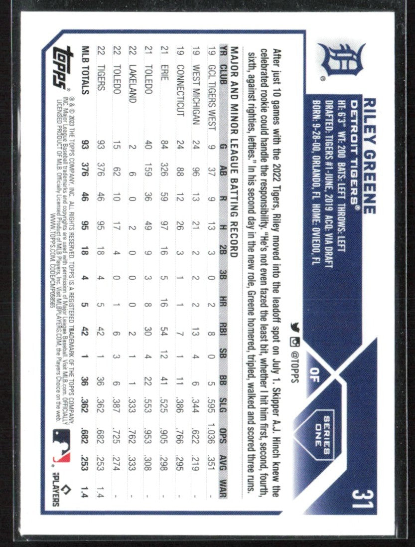 Riley Greene 2023 Topps RC #31 Detroit Tigers
