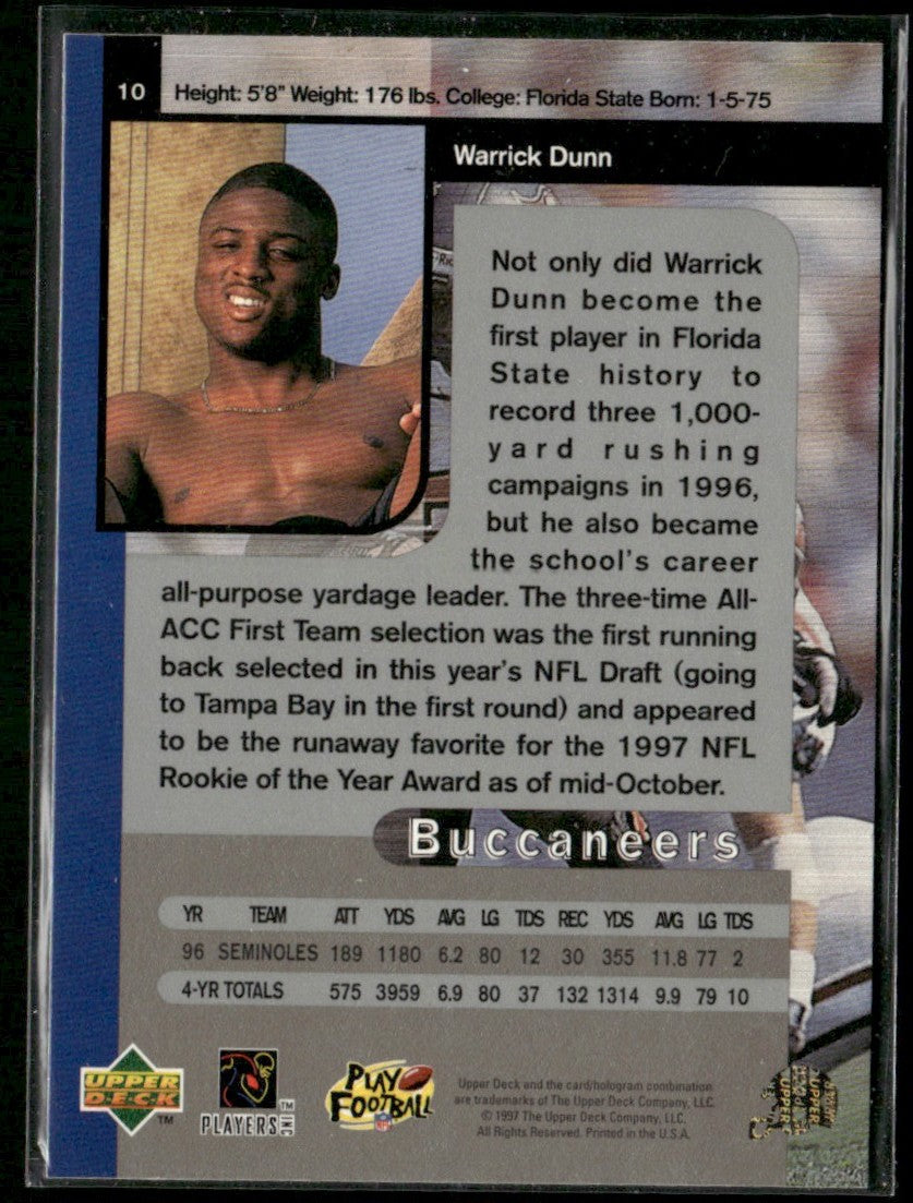 Warrick Dunn 1997 SP Authentic RC #10 Tampa Bay Buccaneers