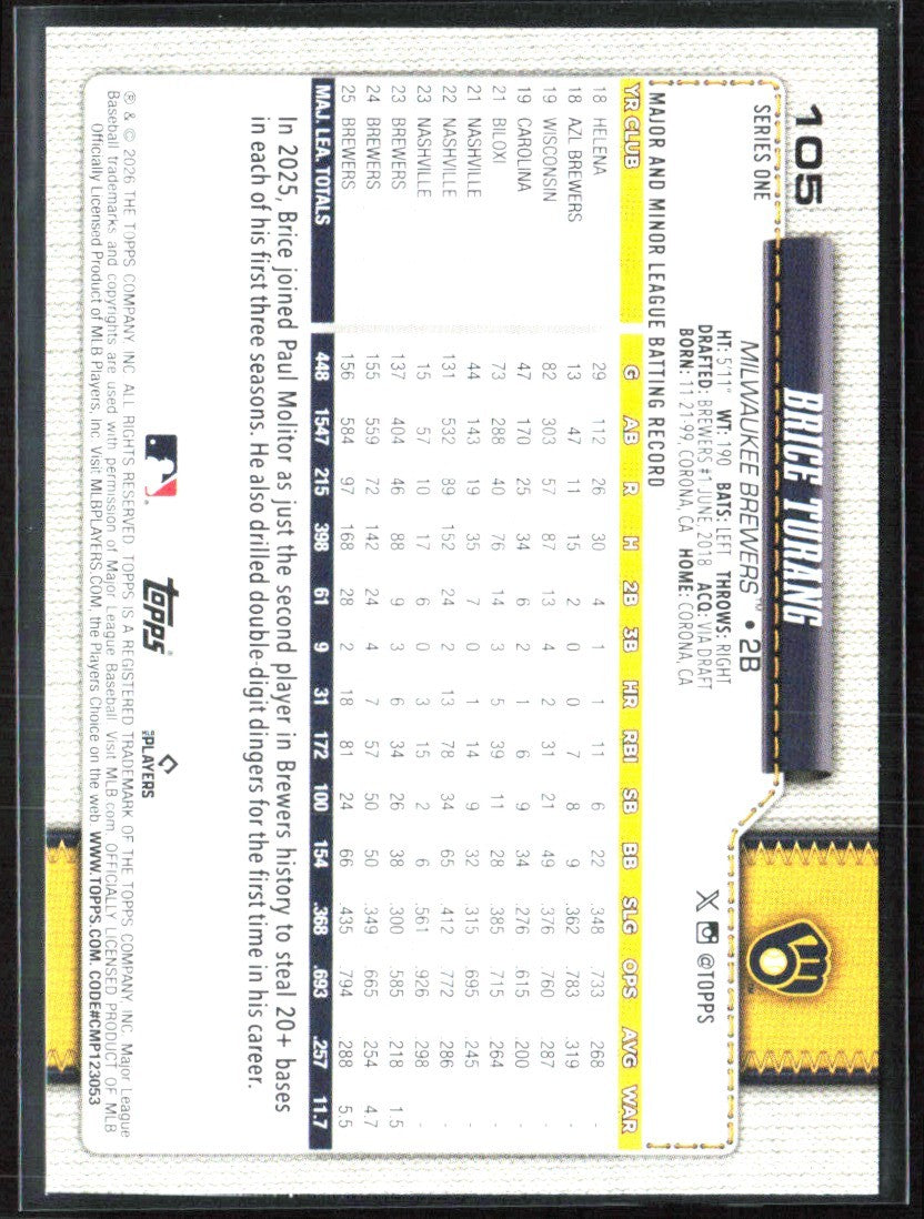 Brice Turang 2026 Topps Holofoil #105 Milwaukee Brewers