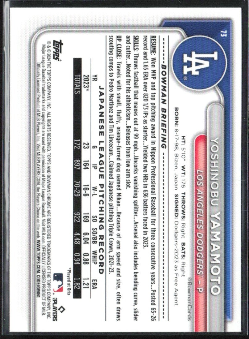 Yoshinobu Yamamoto 2024 Bowman Chrome RC #73 Los Angeles Dodgers