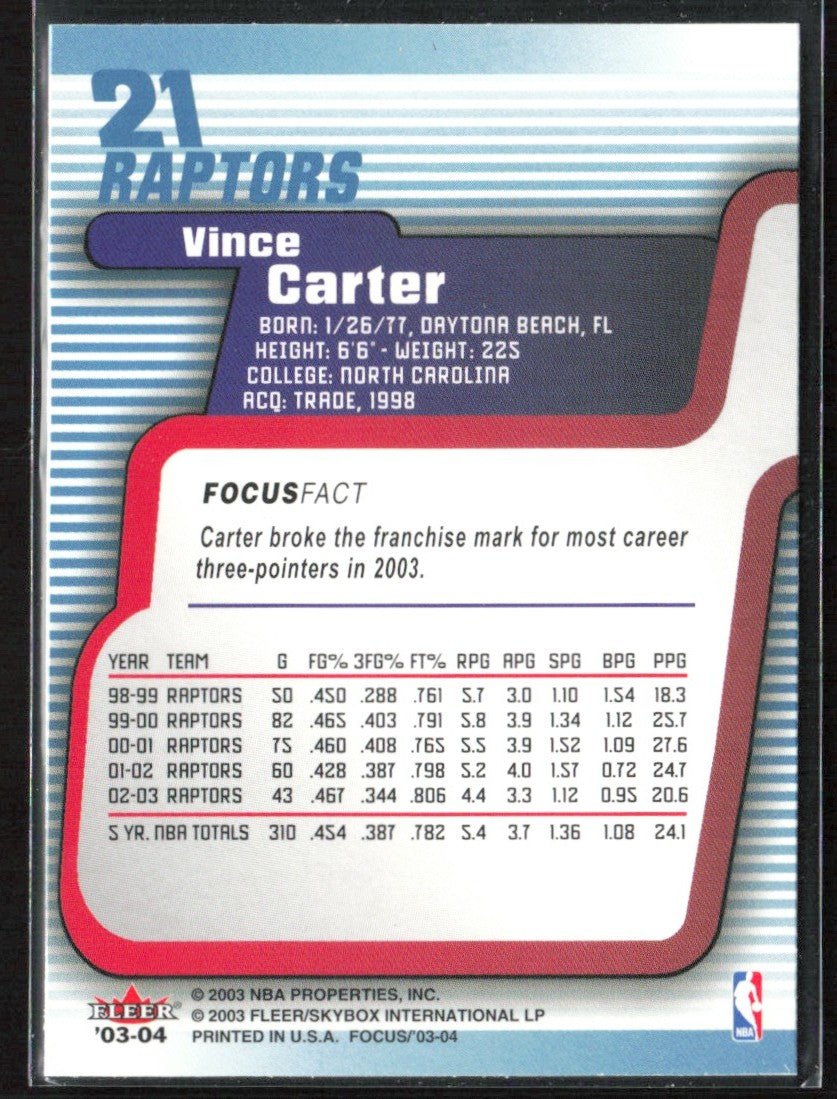 Vince Carter 2003 Fleer Focus #21 Toronto Raptors