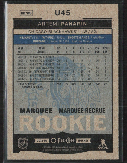 Artemi Panarin 2015 Upper Deck O-Pee-Chee Update RC #U45 Chicago Blackhawks