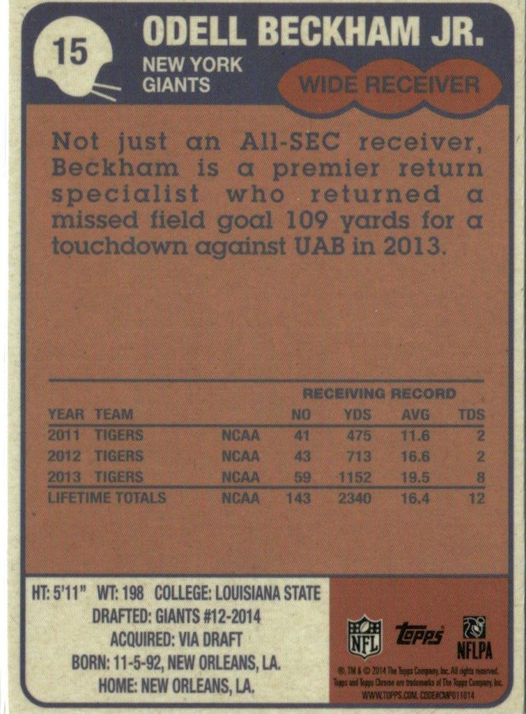 Odell Beckham Jr. 2014 Topps Chrome 1985 RC #15 New York Giants
