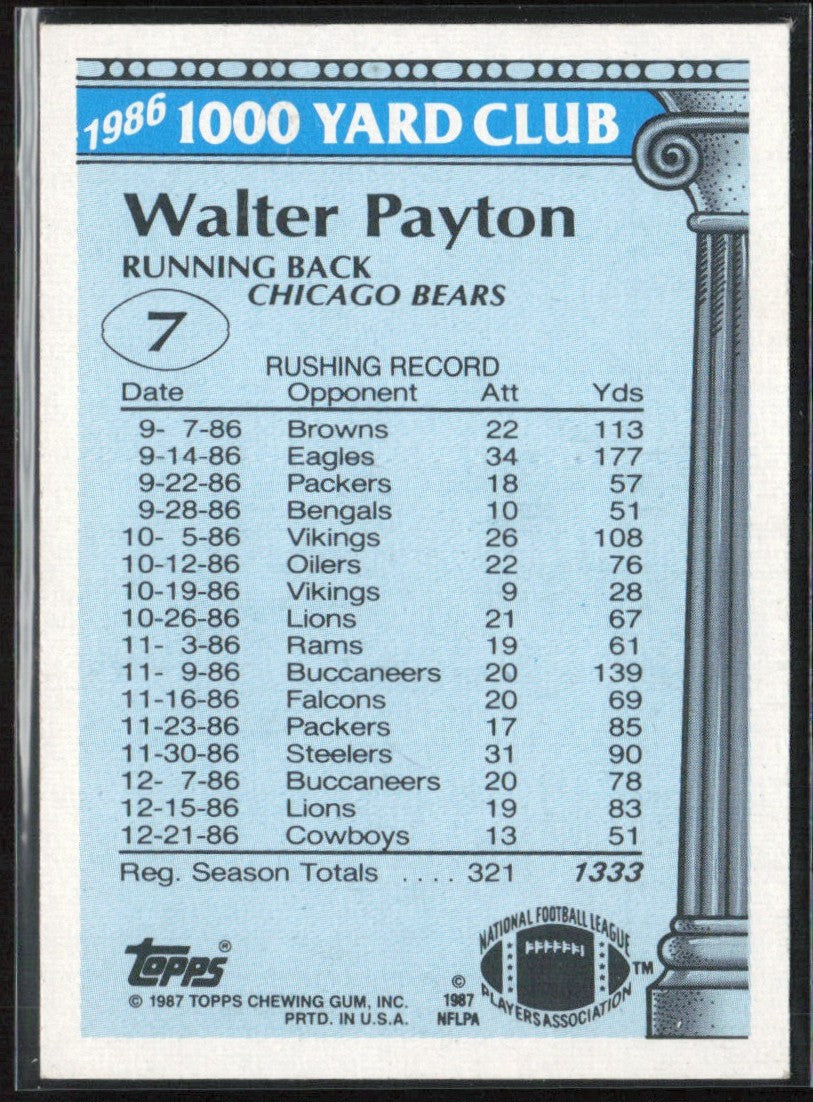 Walter Payton 1987 Topps 1000 Yard Club #7 Chicago Bears