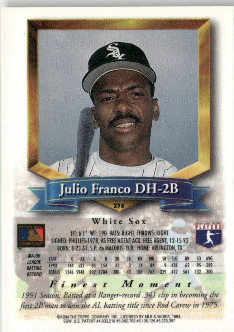 Julio Franco 1994 Topps Finest #278 Chicago White Sox