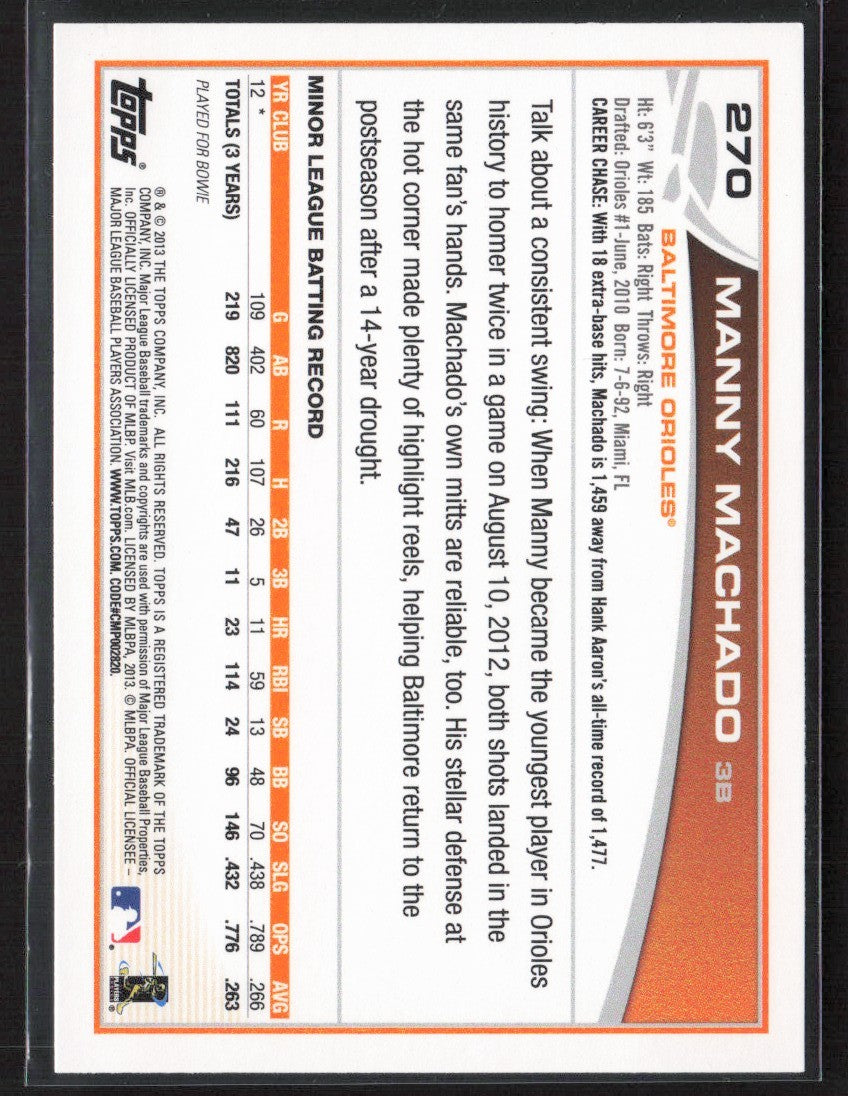 Manny Machado 2013 Topps RC #270 Baltimore Orioles