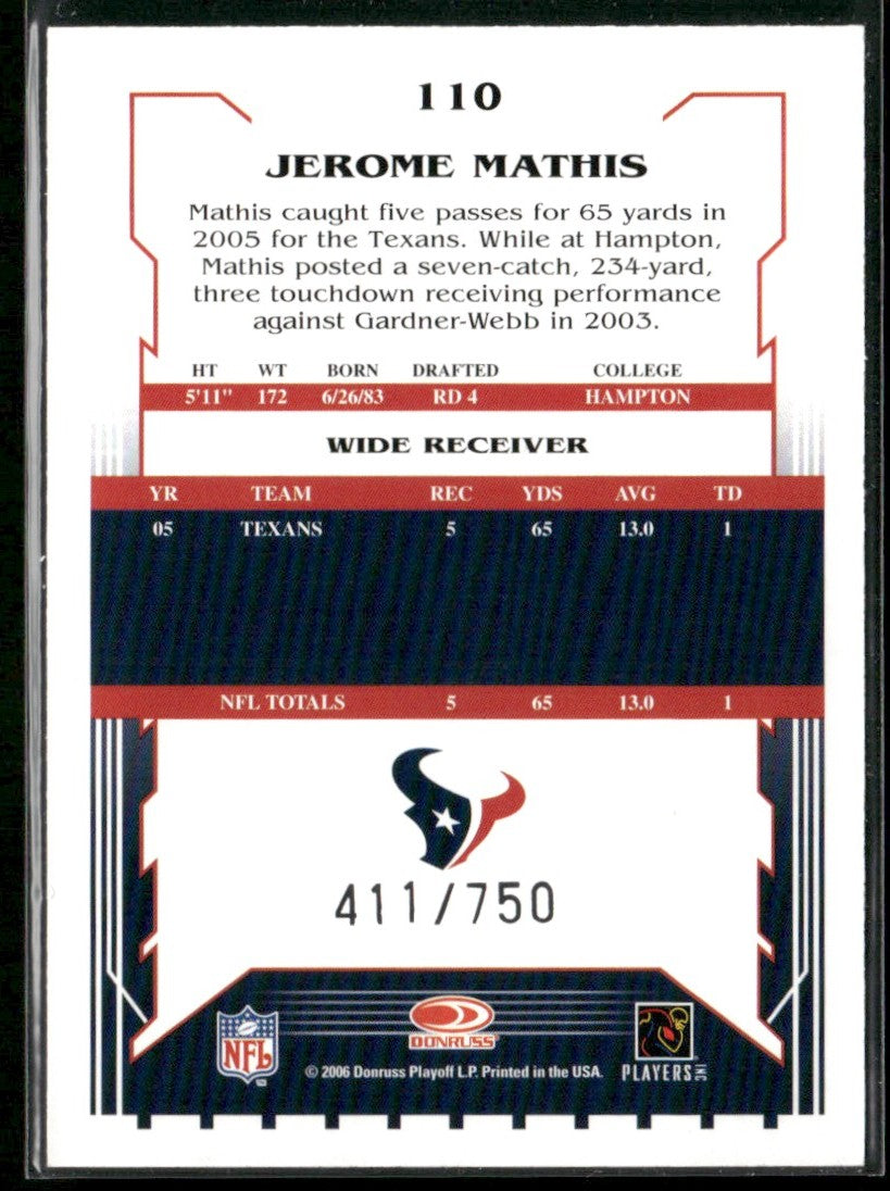 Jerome Mathis 2006 Score Scorecard /750 #110 Houston Texans