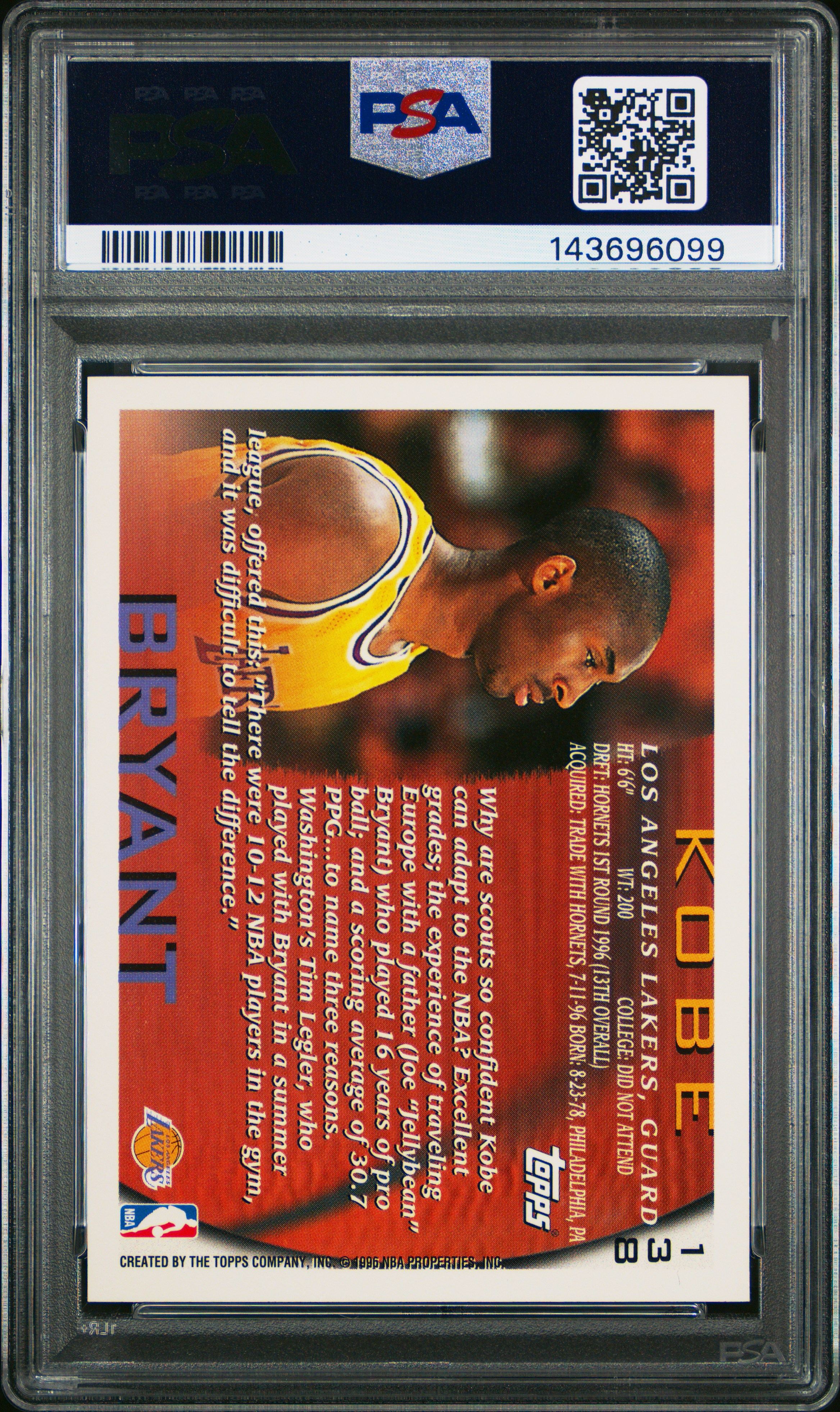 Kobe Bryant 1996 Topps RC psa 8 #138 Los Angeles Lakers