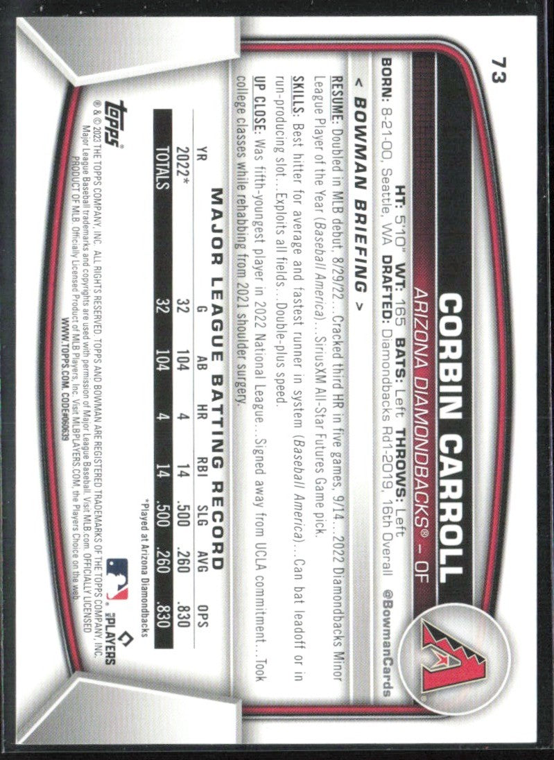 Corbin Carroll 2023 Bowman RC #73 Arizona Diamondbacks
