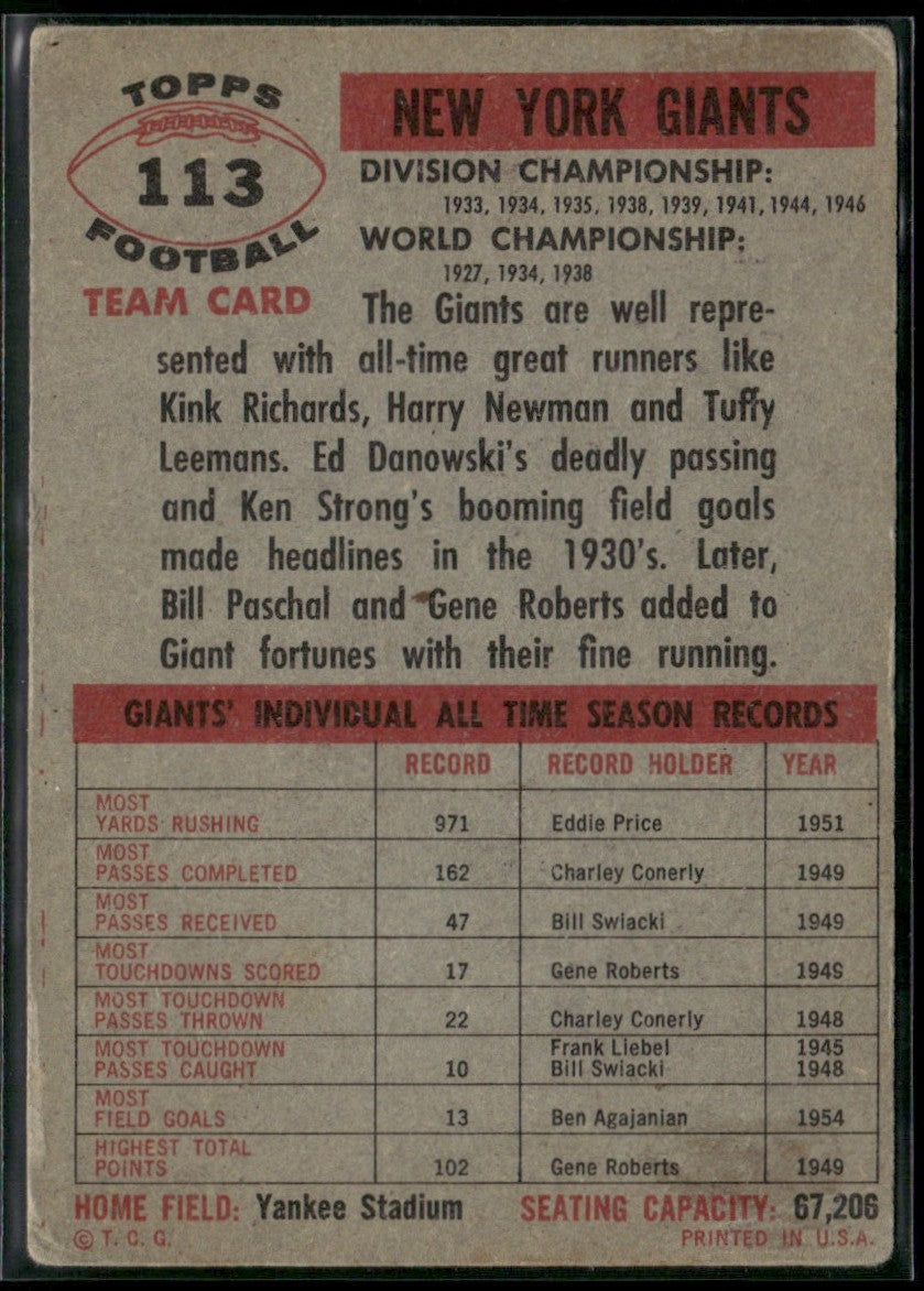 New York Giants 1956 Topps #113 New York Giants