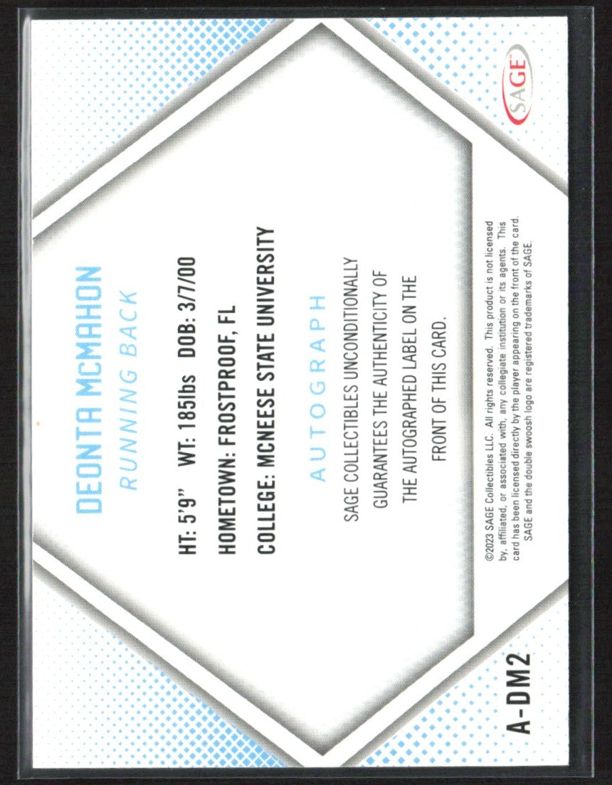 Deonta McMahon 2023 SAGE High Series RC AUTO #A-DM2 McNeese State Cowboys