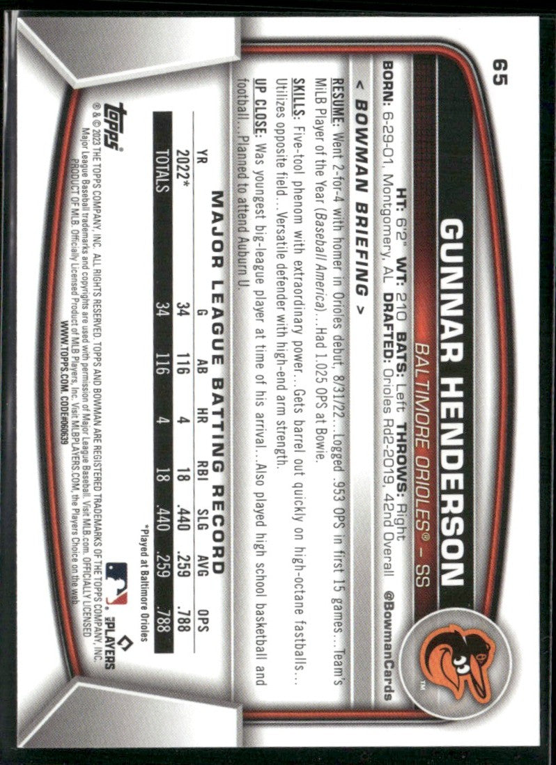 Gunnar Henderson 2023 Bowman RC #65 Baltimore Orioles