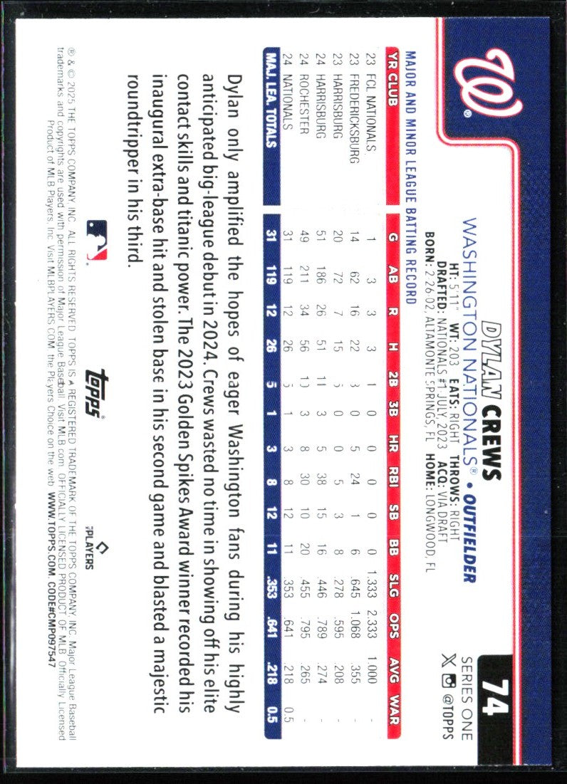 Dylan Crews 2025 Topps RC #74 Washington Nationals