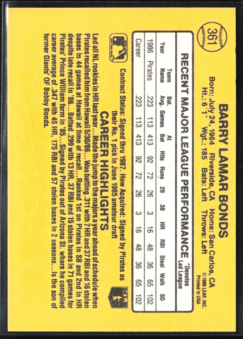 Barry Bonds 1987 Donruss RC #361 Pittsburgh Pirates