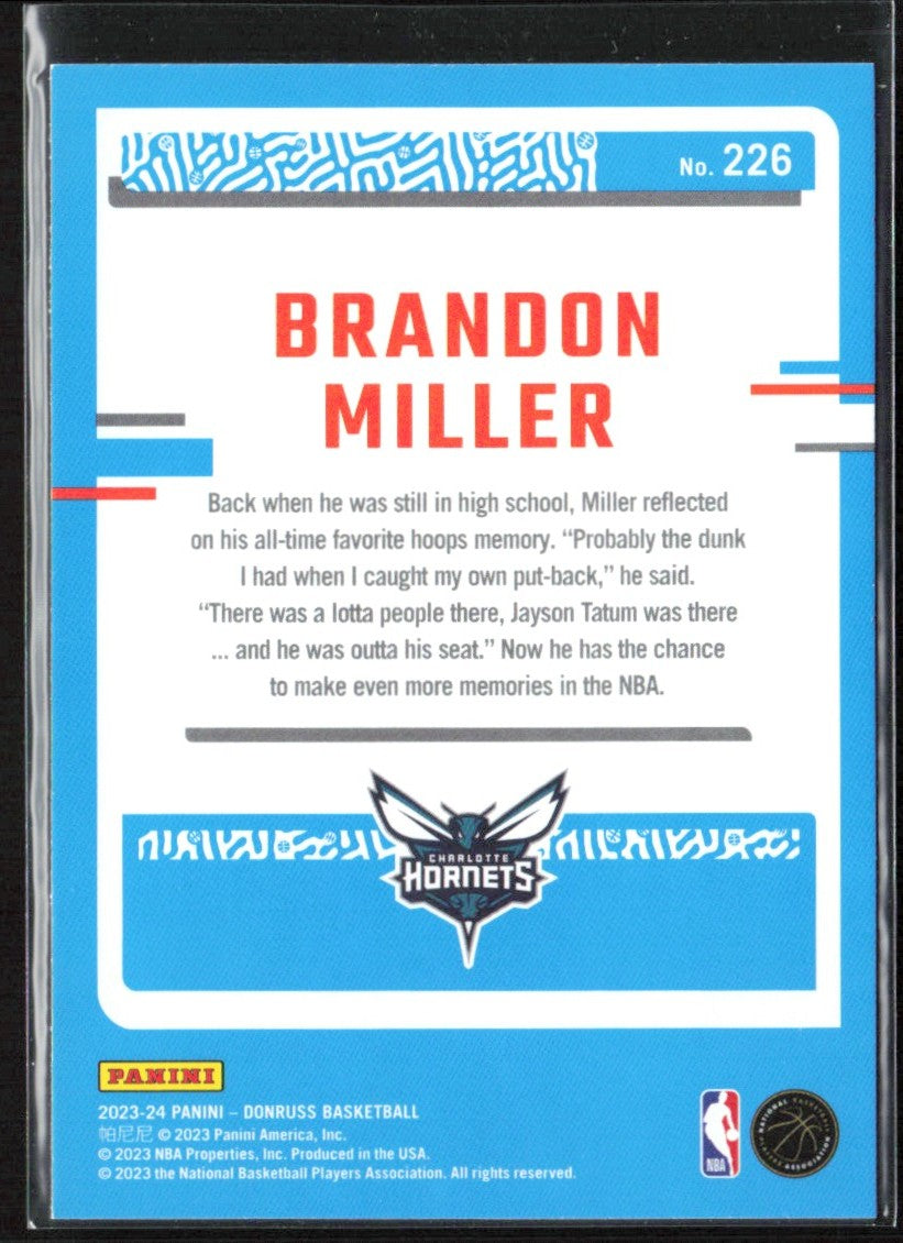 Brandon Miller 2023 Donruss Green Laser Holo RC #226 Charlotte Hornets