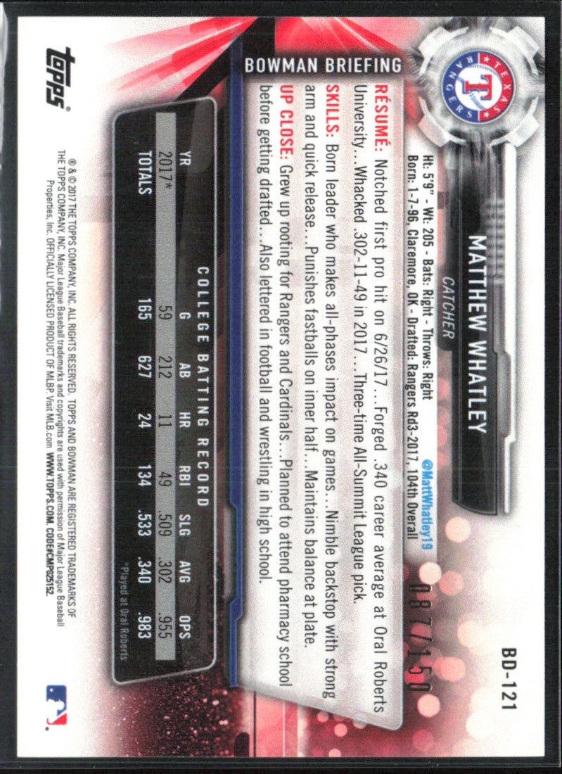 Matthew Whatley 2017 Bowman Blue /150 #BD-121 Texas Rangers