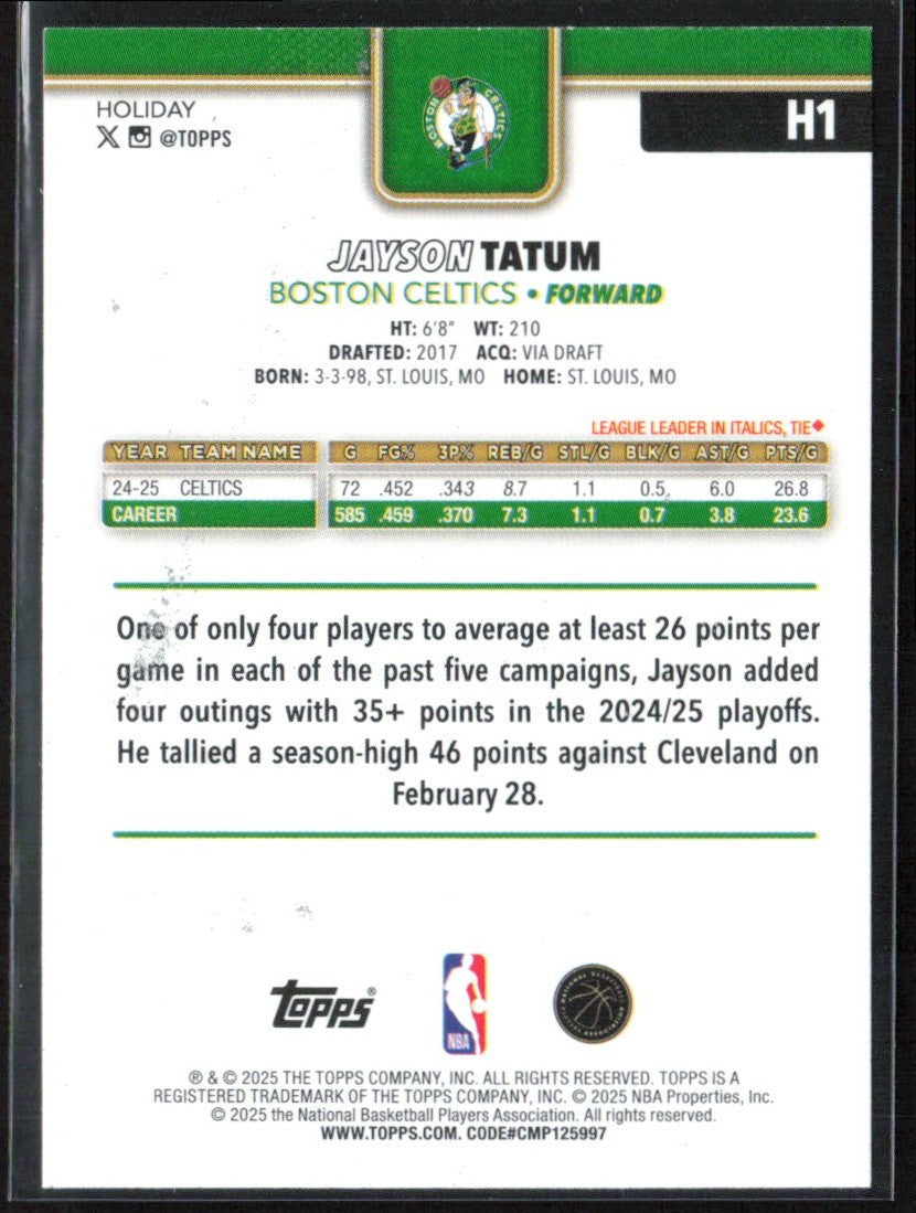 Jayson Tatum 2025 Topps Holiday Silver Glitter #H1 Boston Celtics
