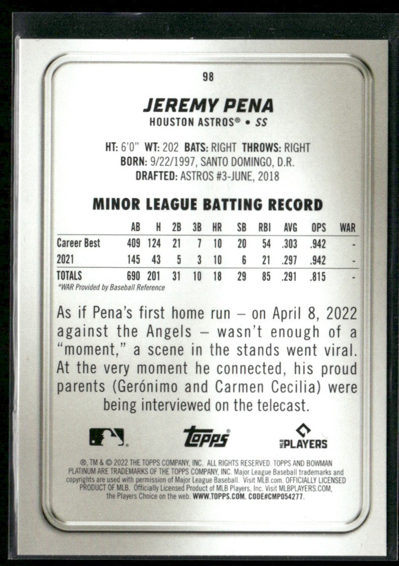 Jeremy Pena 2022 Bowman Platinum RC #98 Houston Astros