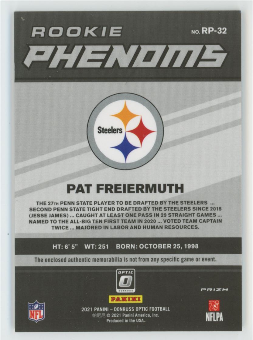 Pat Freiermuth 2021 Donruss Optic Rookie Phenoms RC Jersey #RP-32