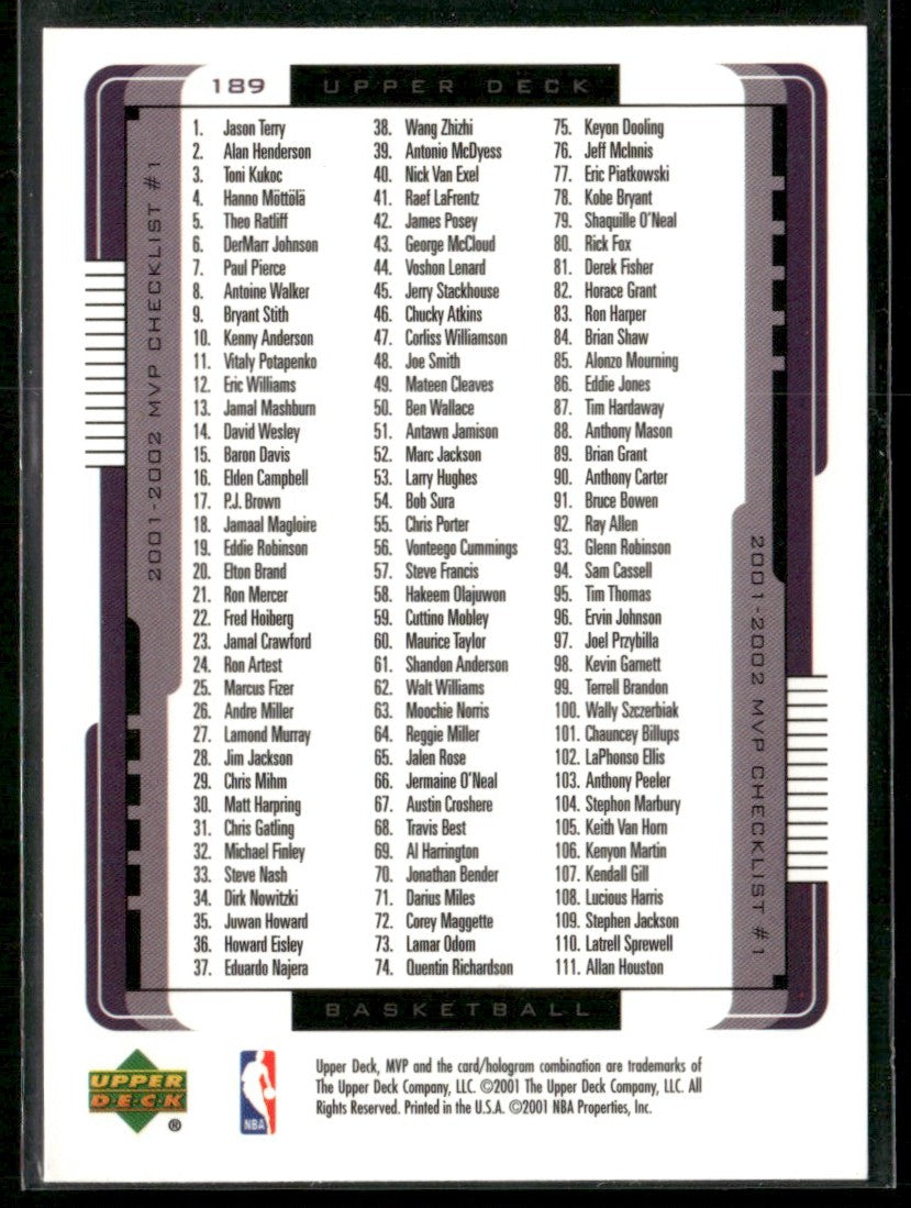 Kobe Bryant 2001 Upper Deck MVP #189 Los Angeles Lakers