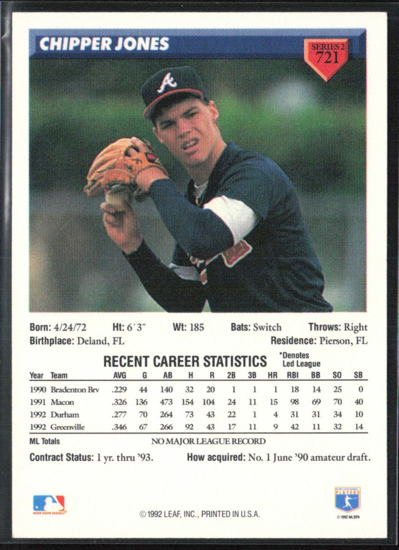 Chipper Jones 1993 Donruss RC #721 Atlanta Braves