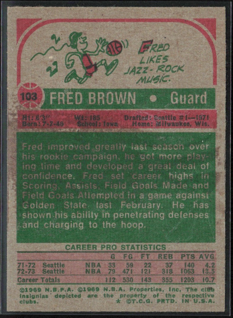 Fred Brown 1973 Topps RC #103 Seattle SuperSonics